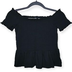 American Eagle Black Smoked Short Off Shoulder Sleeve Cropped Peplum Top